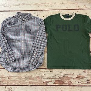Ralph Lauren Boys Medium 10-12 Shirt Plaid Button Up Long Sleeve & T‎ Shirt